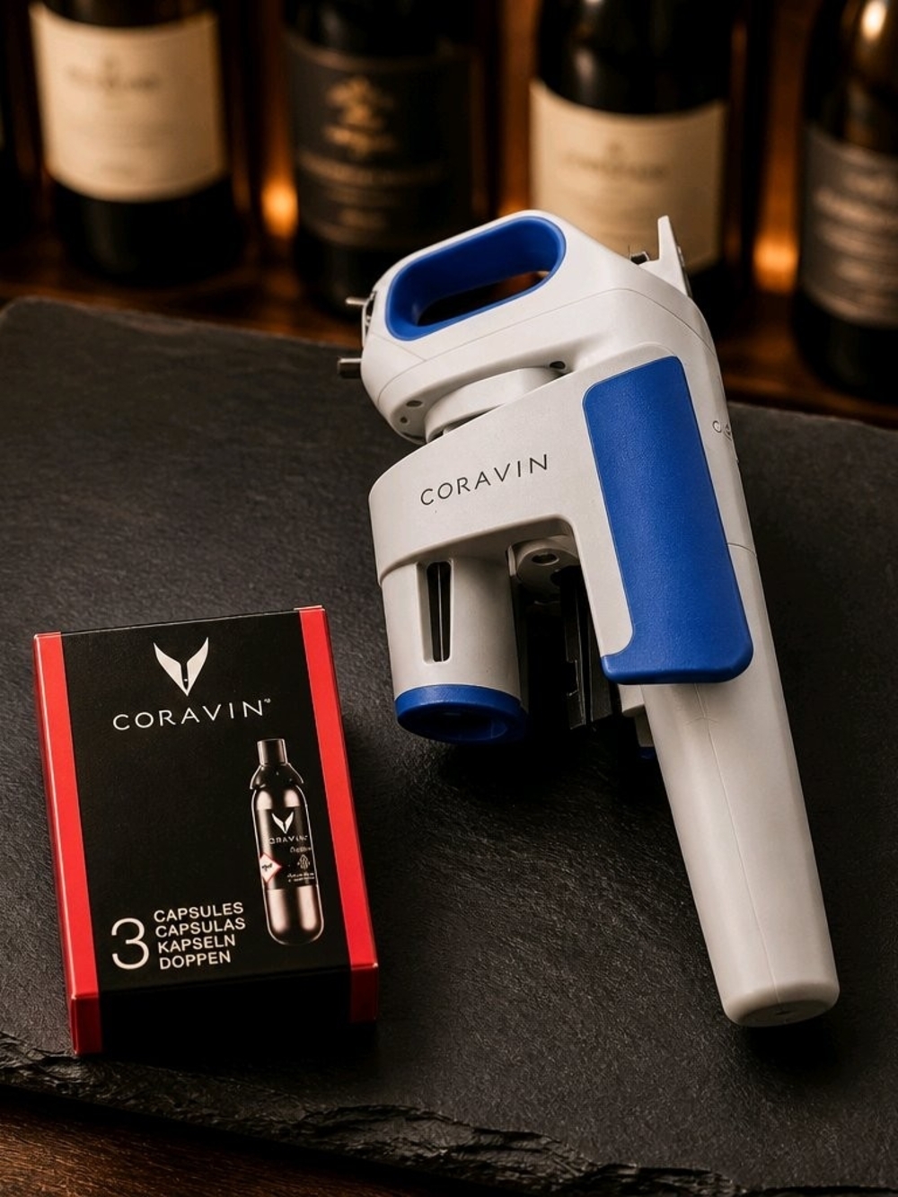 Coravin Wine Opener with Blue & White Accents